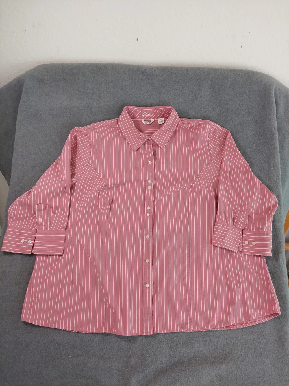 Riders by Lee Pink White Striped Button Down Blouse 3/4 Sleeve 3X Plus Cotton - Picture 2 of 7